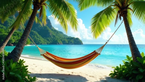 Empty hammock sways gently beneath lush Fijian palms , rest, hammock