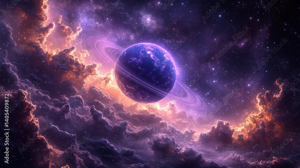 Cosmic Wonder: A Ringed Planet Amidst Nebula Clouds Cosmic Wonder: A Ringed Planet Amidst Nebula Clouds