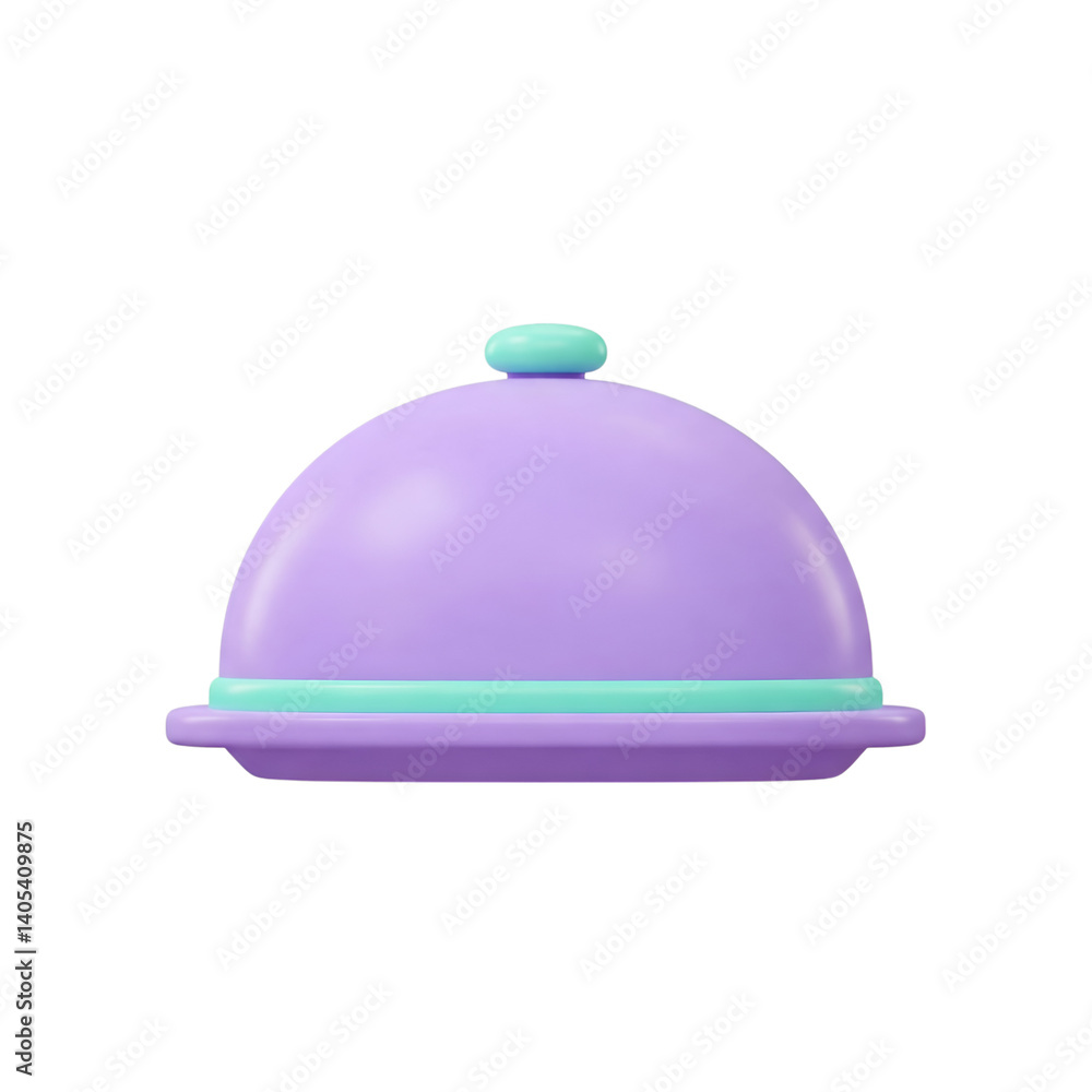 Fototapeta premium 3D cartoon illustration of a cloche food tray in lavender and mint color scheme, rounded plastic texture, isolated on white background