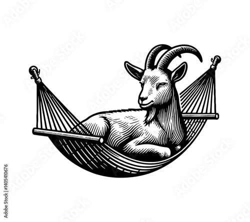 Goat Relaxing in a Hammock on Vacation, Enjoying Sunny Day, Serene, Relaxed and Happy