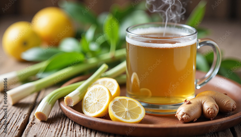 Invigorating lemongrass and ginger tea setup with fresh ingredients, wellness Invigorating lemongrass and ginger tea setup with fresh ingredients, wellness