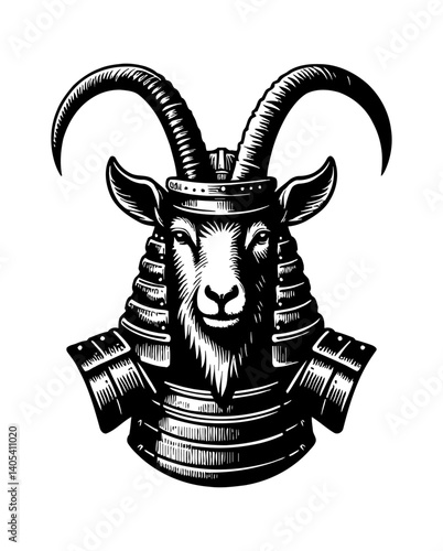 Sheep or Goat in samurai armor posing, brave, strong, serious illustration style