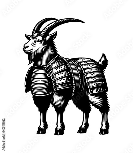 A sheep wearing samurai armor illustration. The animal is standing bravely and powerful