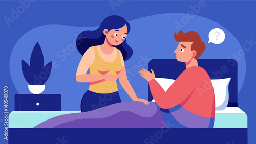 In bed the man opens up to his partner about his struggle with body image and she listens patiently and without judgment offering support and love.. Vector illustration