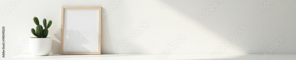 Fototapeta premium Empty picture frame on white desk, small cactus , workspace, clean