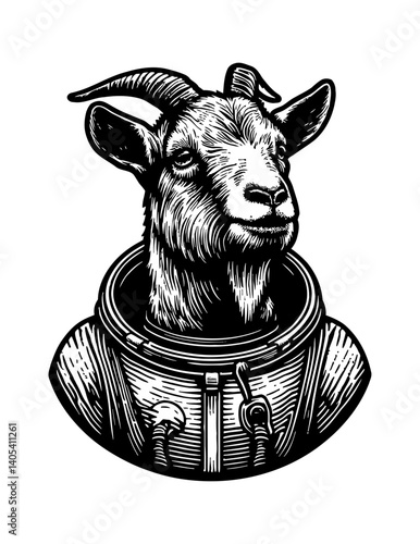 Goat in a Spacesuit Floating in Space with Planet and Stars Background Illustration