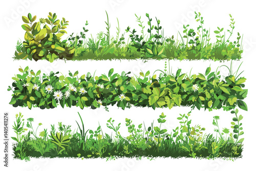 Ornamental green plant in the form of a hedge.Realistic garden shrub, seasonal bush, boxwood, tree crown bush foliage.For decorate of a park, a garden or a green fence.
