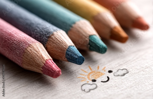 A group of colored pencils with a smiley face drawn on them