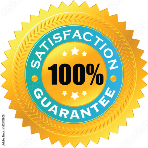 Powerful 100% customer satisfaction guaranteed badge with red ribbon