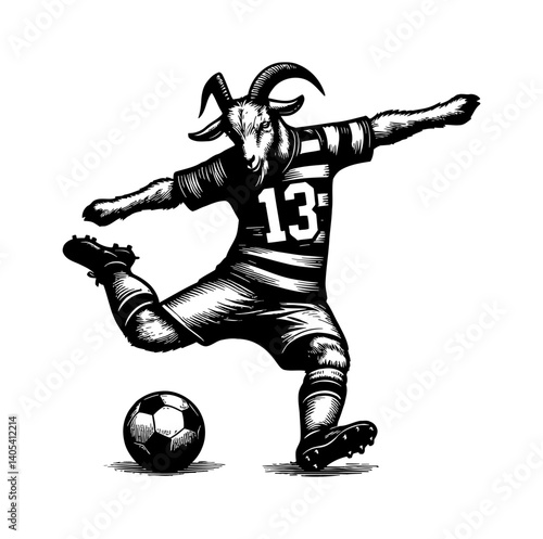 Sheep kicking ball wearing football jersey, playing sport with cheerful expression