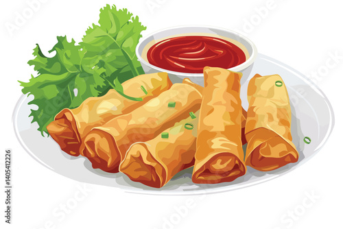 Crispy spring rolls served with a tangy dipping sauce on a plate