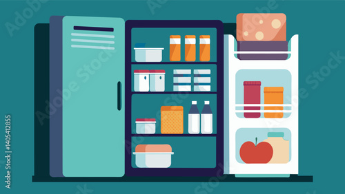 An empty fridge and pantry save for a stack of dietfriendly meal replacement bars highlighting the deprivation and lack of balance in an extreme diet.. Vector illustration