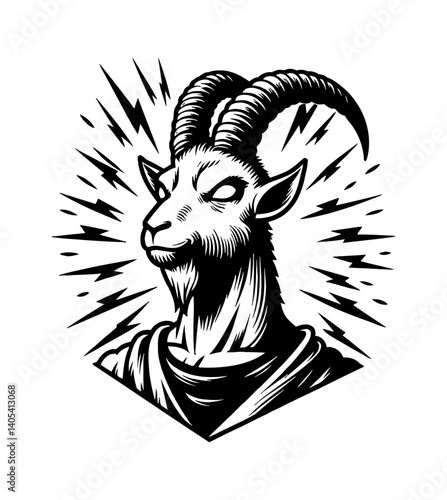 Monochrome silhouette of goat and sheep heads, with superpower symbol. Symbol of partnership