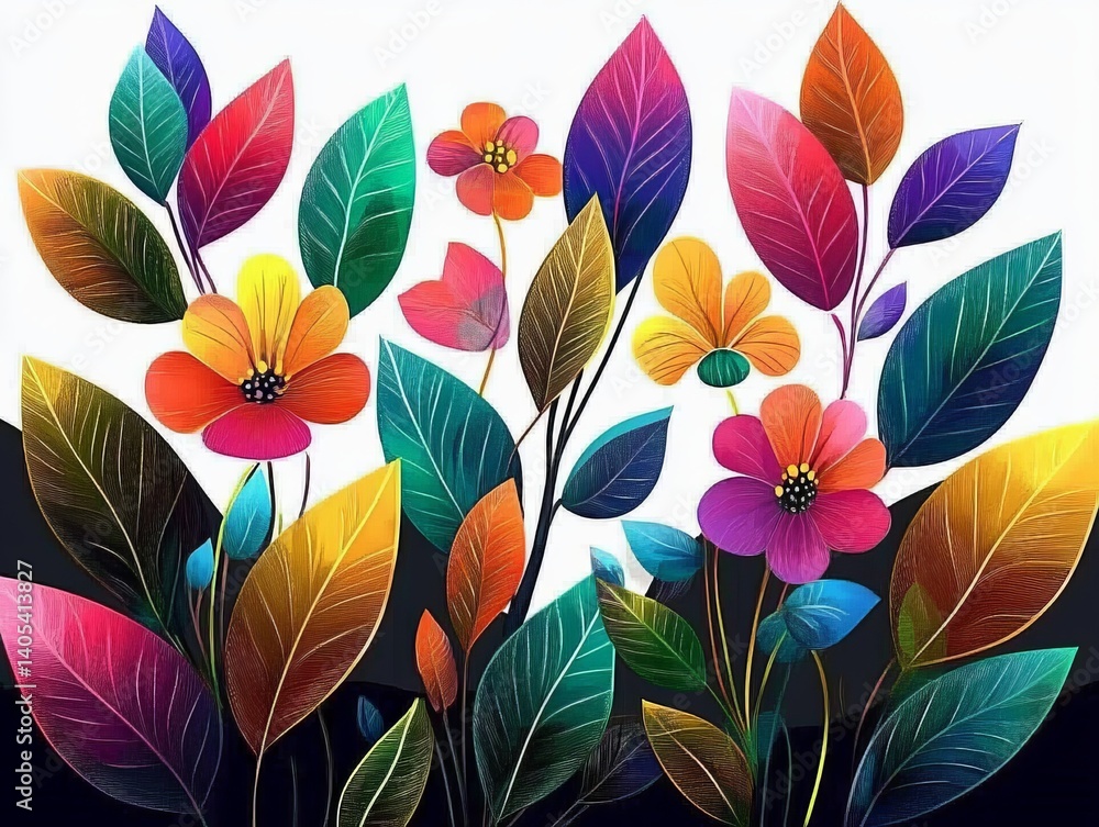 A vibrant display of meticulously rendered, multi-hued flowers and foliage in an artful illustration, exuding a cheerful and artistic aesthetic. A vibrant display of meticulously rendered, multi-hued flowers and foliage in an artful illustration, exuding a cheerful and artistic aesthetic.