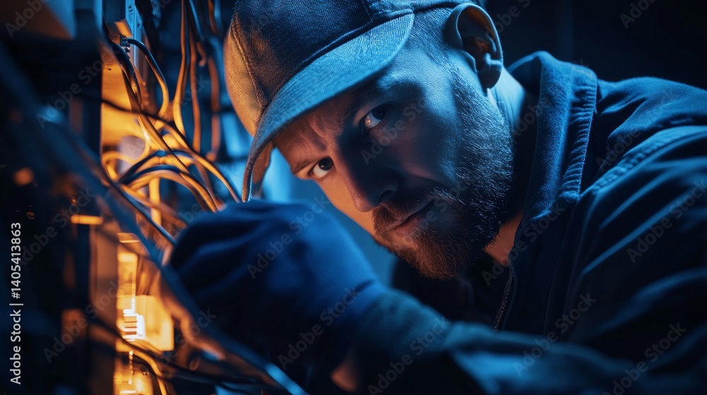 Fototapeta premium Electrician repairing faulty wiring. Featuring electrical maintenance and repair