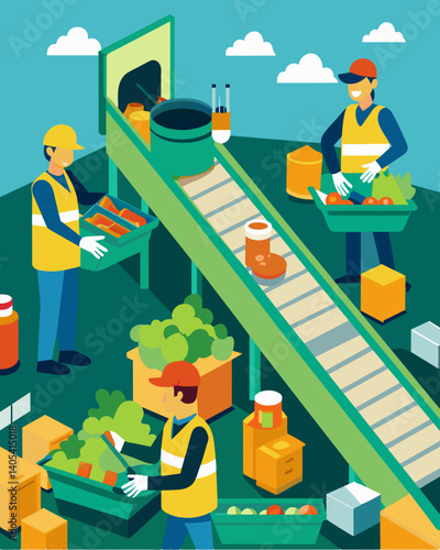 A recycling center bustling with activity as workers carefully sort through piles of trash on conveyor belts.. Vector illustration