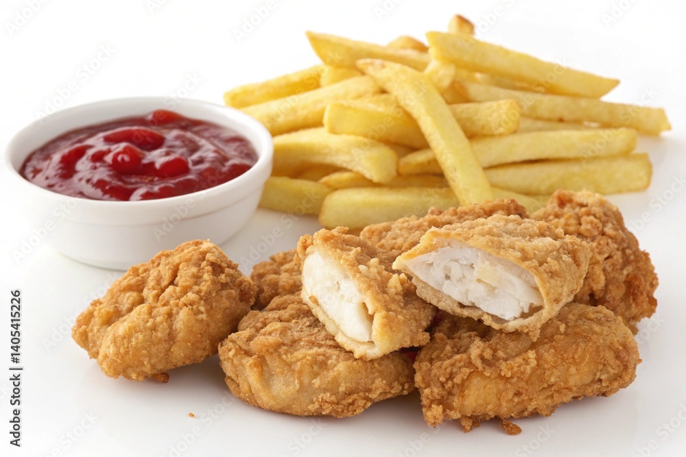 Crispy Fried Chicken Nuggets with French Fries and Ketchup Crispy Fried Chicken Nuggets with French Fries and Ketchup