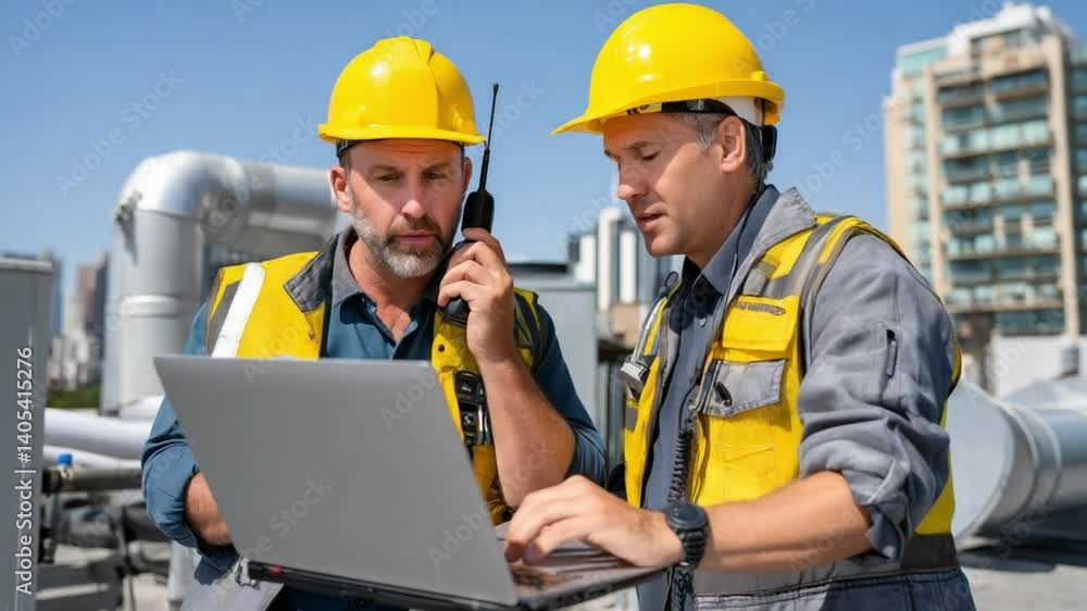Construction Workers Discussing Plans: A team of two construction workers collaborate on a rooftop, examining plans on a laptop while one uses a walkie-talkie for communication. Construction Workers Discussing Plans: A team of two construction workers collaborate on a rooftop, examining plans on a laptop while one uses a walkie-talkie for communication.