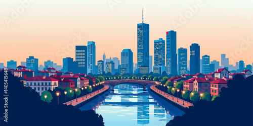 a city skyline with a river running through it