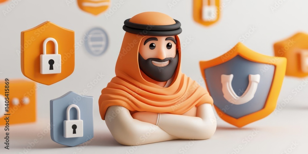 Fototapeta premium Cartoon character representing cybersecurity with shield icons and padlocks in a digital setting