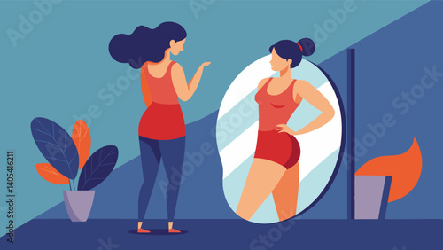 A woman constantly checking her form in the mirror fixated on achieving the perfect body and physique.. Vector illustration