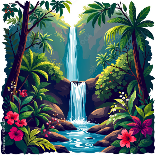 a waterfall in the jungle with tropical plants and flowers