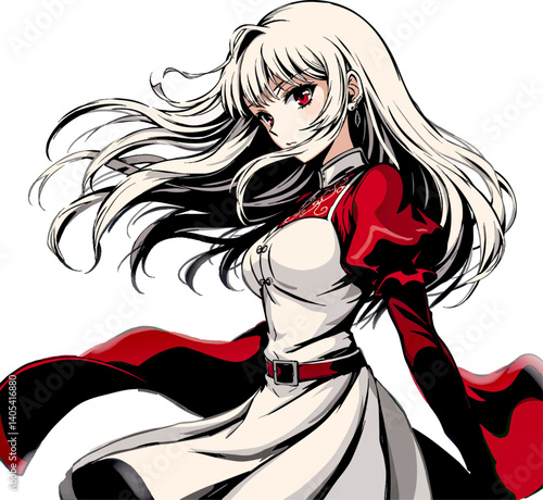 an anime girl with long white hair and a red cape