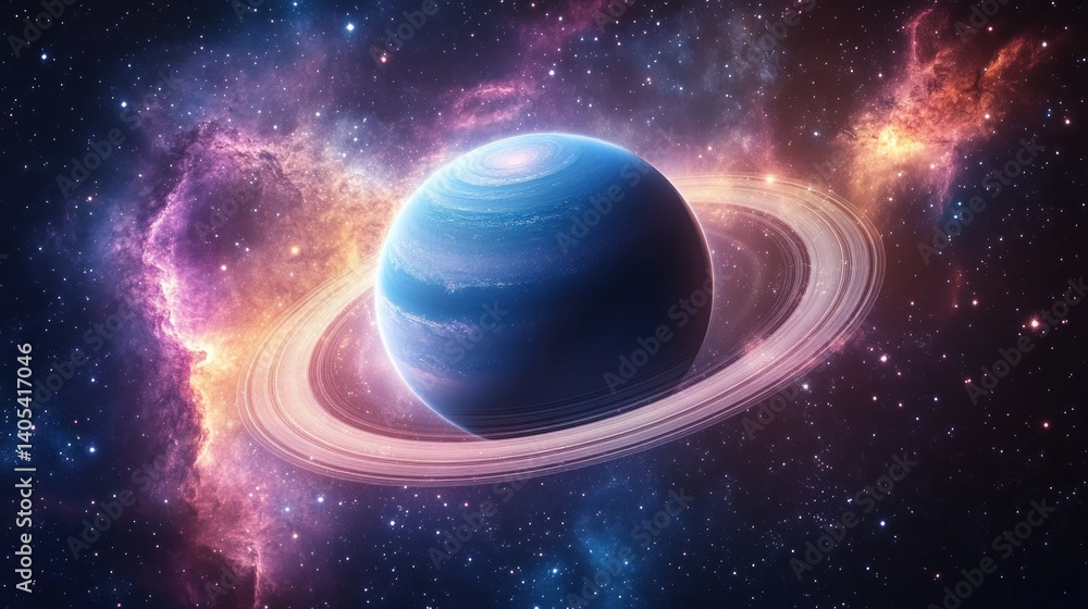 Naklejka premium Celestial Wonder: A Ringed Planet in a Cosmic Nebula