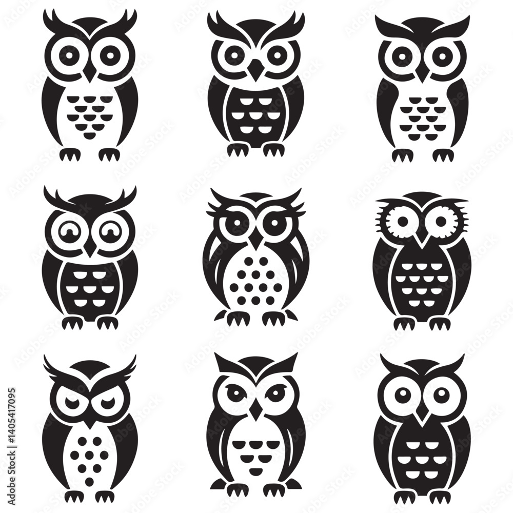Owl - Vector Black silhouettes Illustration. Icon Design and Inspirational. with white background Owl - Vector Black silhouettes Illustration. Icon Design and Inspirational. with white background