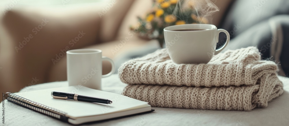 Fototapeta premium Cozy autumn home coffee, sweater, notepad