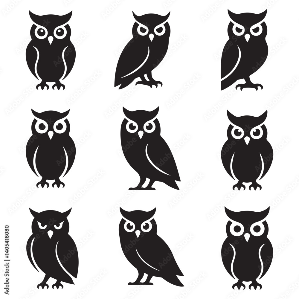 Owl - Vector Black silhouettes Illustration. Icon Design and Inspirational. with white background Owl - Vector Black silhouettes Illustration. Icon Design and Inspirational. with white background