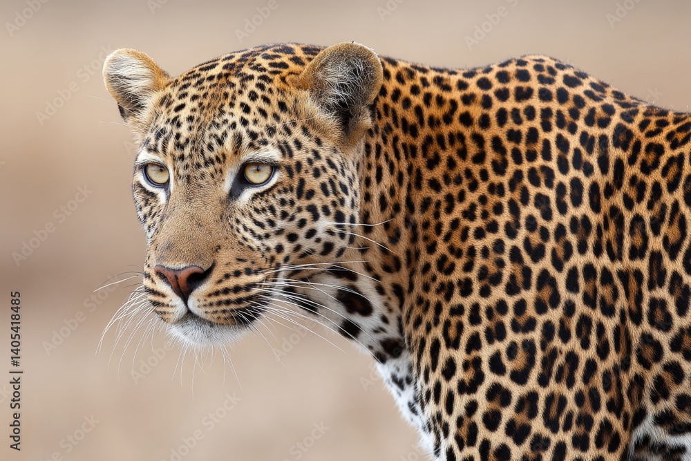 Fototapeta premium Spotted leopard walking with tense expression and golden fur in soft blurred safari landscape closeup wildlife mammal focus illustration stock image