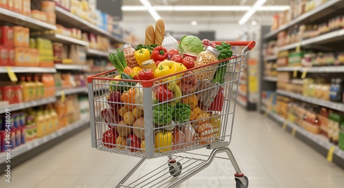 Grocery Shopping Cart Filled with Fresh Produce and Products