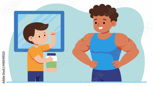 A young boy expresses his desire to have the abs and muscles seen in a protein powder ad not realizing the unrealistic and often edited nature of the image.. Vector illustration