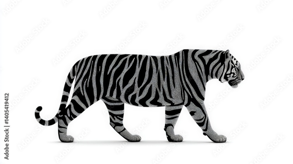 Obraz premium Matte black tiger profile in reverse walking pose with high contrast stripe patterns on isolated white surface in stylized animal illustration render