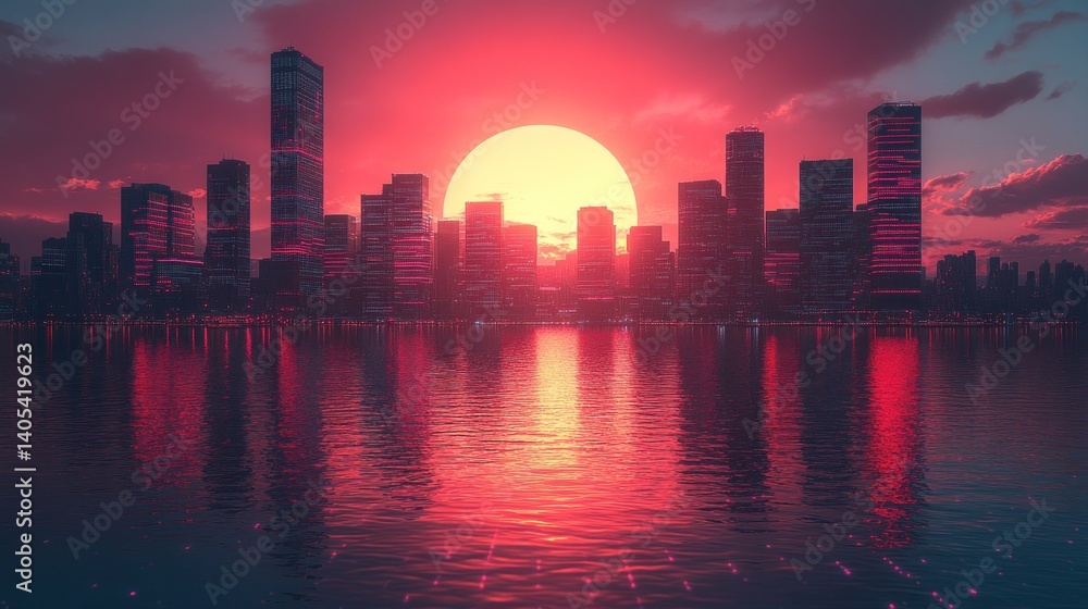 Obraz premium Synthwave Cityscape: Sunset Over Neon Skyline Reflection