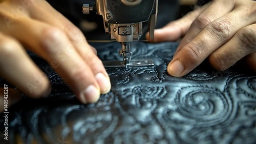 Hands quilting leather on sewing machine