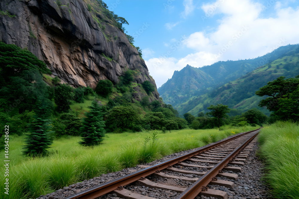 Fototapeta premium Train tracks through lush green valley flanked by majestic mountains under a vibrant sky . Generative AI