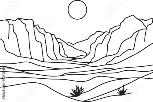 line drawing of canyon and desert minimalist vector art
