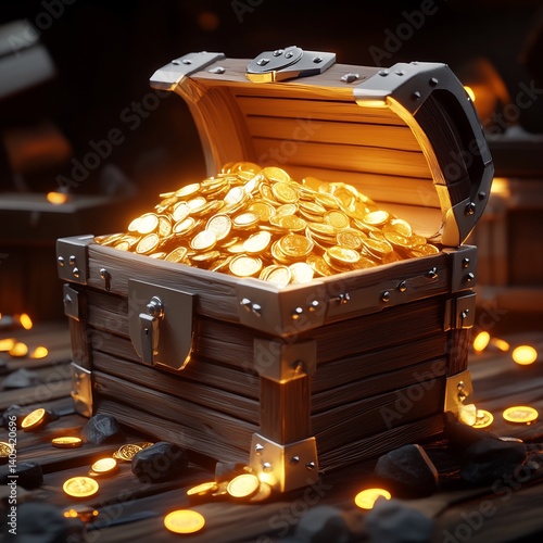 16:9 A 3D treasure chest overflowing with glowing