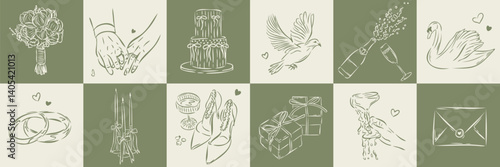 Set of Wedding Doodle Vector Illustrations. Wedding rings, dove, swan, bottle of champagne and glass, envelope, wedding cake, gifts, flowers