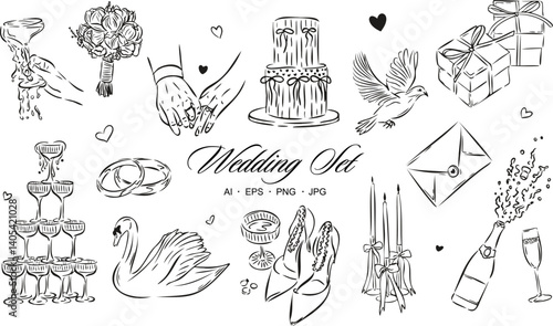 Set of Wedding Doodle Vector Illustrations – Hand Drawn Line Art.  Perfect for wrapping paper, fabric design, invitations, scrapbooking, or romantic branding projects.