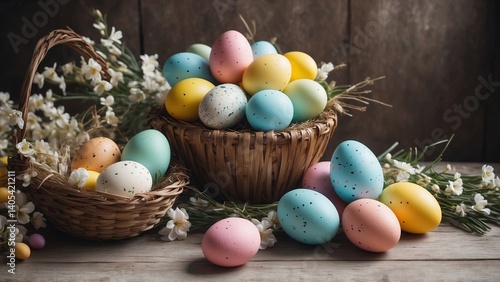 Easter eggs in baskets with flowers on wooden background