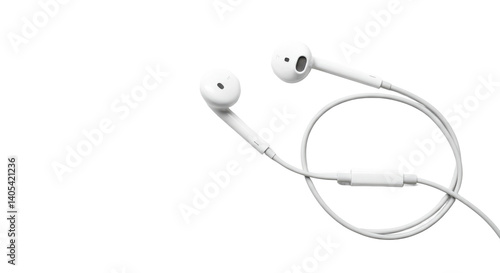 Close up shot of white wired earphones on a black background showcasing audio technology design details