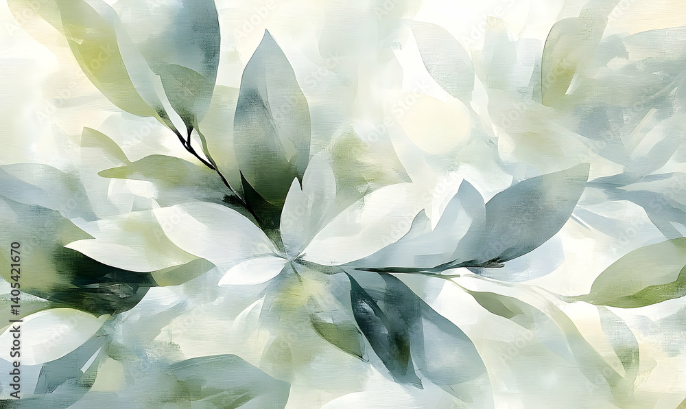 Soft pastel leaves gently swaying in a serene, blurred background, creating a calming atmosphere Soft pastel leaves gently swaying in a serene, blurred background, creating a calming atmosphere