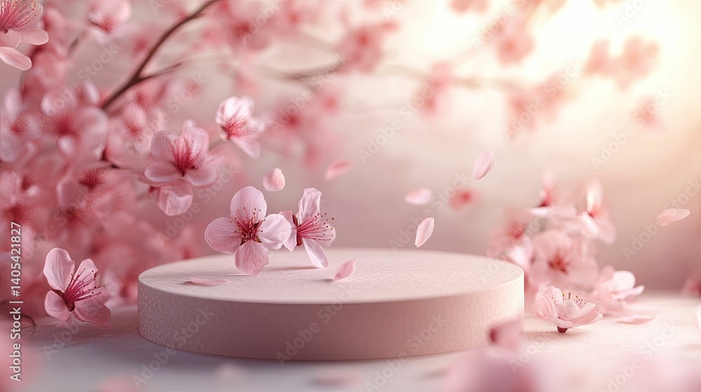 A delicate pink cherry blossom display with a light pink pedestal. A delicate pink cherry blossom display with a light pink pedestal.