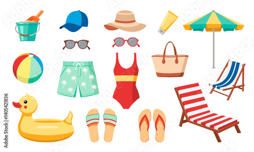 A colorful collection of beach holiday items including swimsuits, sunglasses, beach chairs, umbrellas and inflatable toys. Perfect for summer designs, holiday promotions and travel related content.