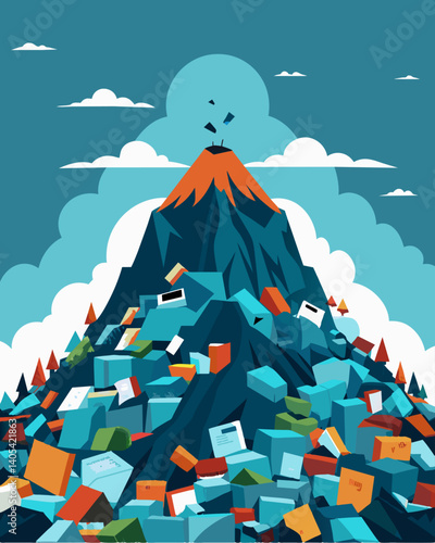 A sprawling mountain of excess merchandise slowly growing as more and more items are left unsold.. Vector illustration