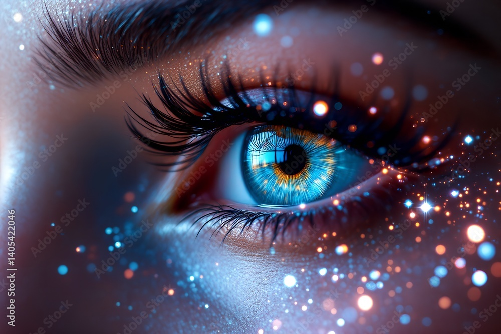 Digital close-up of blue eye with golden sparkles and shimmering skin texture in fantasy light Digital close-up of blue eye with golden sparkles and shimmering skin texture in fantasy light
