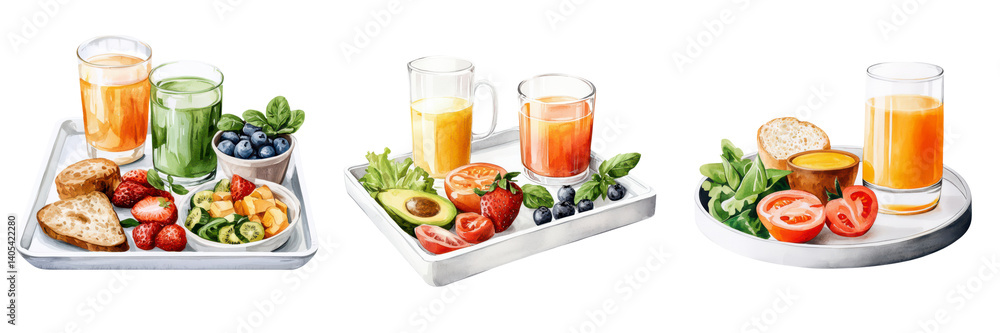 Vibrant Breakfast Trays with Fresh Juices and Nutritious Fruits and Vegetables Vibrant Breakfast Trays with Fresh Juices and Nutritious Fruits and Vegetables